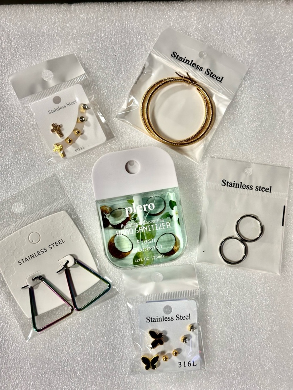 Stainless Steel Gold Hoop Earrings Pack + Hand Sanitizer: Fresh Coconut.